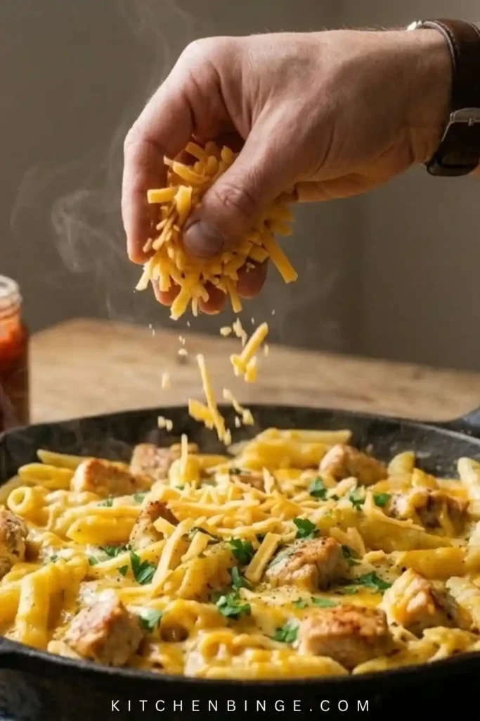 A top-down shot of a large skillet filled with creamy, cheesy penne pasta and golden chicken pieces, topped with melted cheddar and parsley.