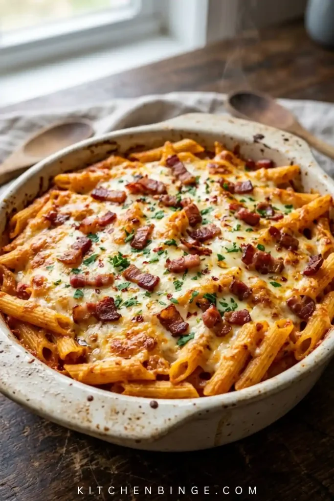 Classic Baked Penne Pasta with Ricotta and Crispy Bacon