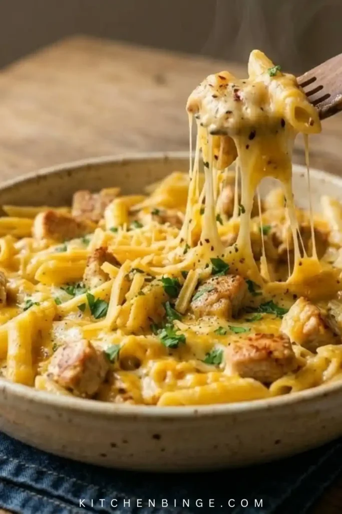 A top-down shot of a large skillet filled with creamy, cheesy penne pasta and golden chicken pieces, topped with melted cheddar and parsley.