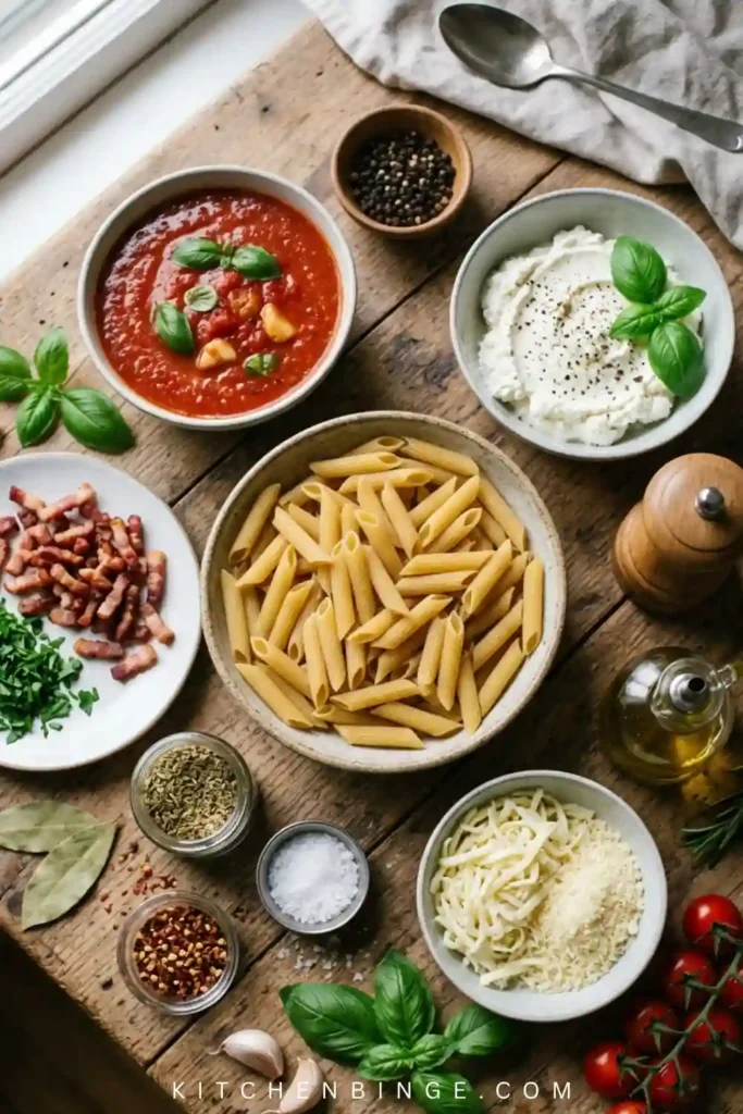 Classic Baked Penne Pasta with Ricotta and Crispy Bacon