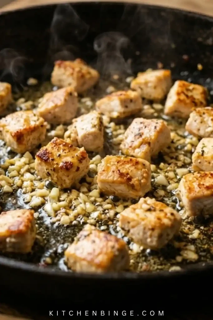 A top-down shot of a large skillet filled with creamy, cheesy penne pasta and golden chicken pieces, topped with melted cheddar and parsley.