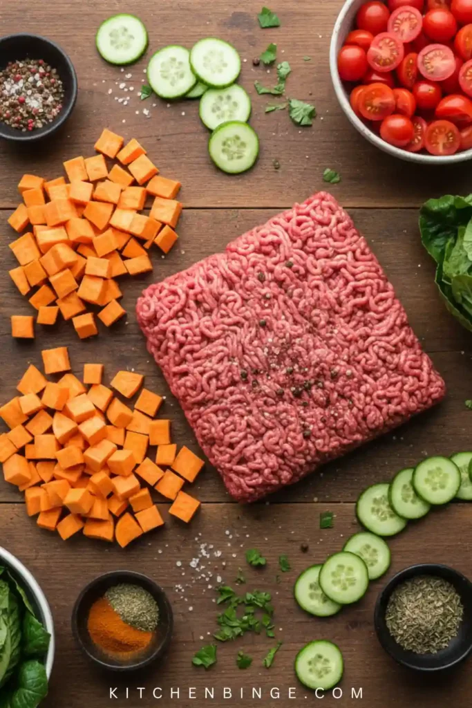 A beautiful, vibrant burger bowl in a ceramic dish featuring lean ground beef, sliced avocado, cherry tomatoes, red onions, and a drizzle of secret sauce over a bed of fresh greens.