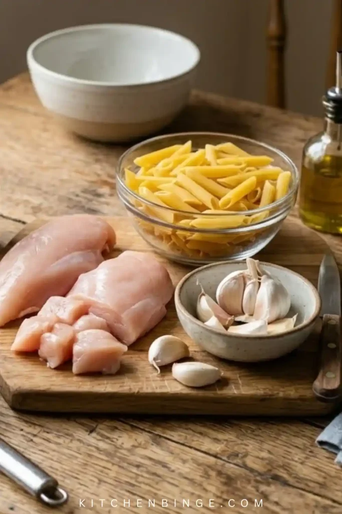 A top-down shot of a large skillet filled with creamy, cheesy penne pasta and golden chicken pieces, topped with melted cheddar and parsley.
