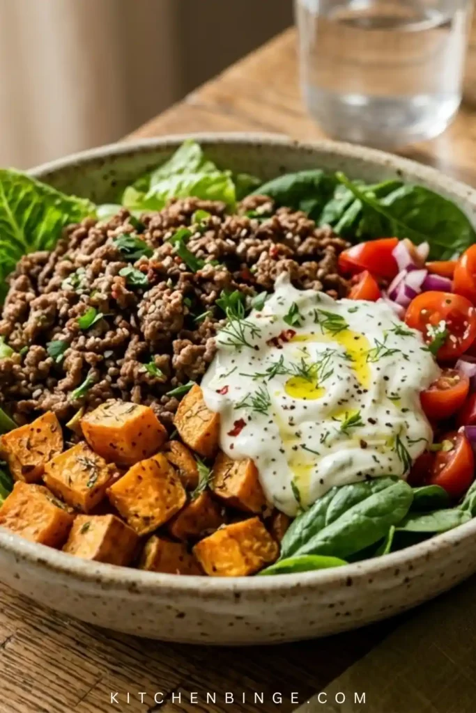 A beautiful, vibrant burger bowl in a ceramic dish featuring lean ground beef, sliced avocado, cherry tomatoes, red onions, and a drizzle of secret sauce over a bed of fresh greens.