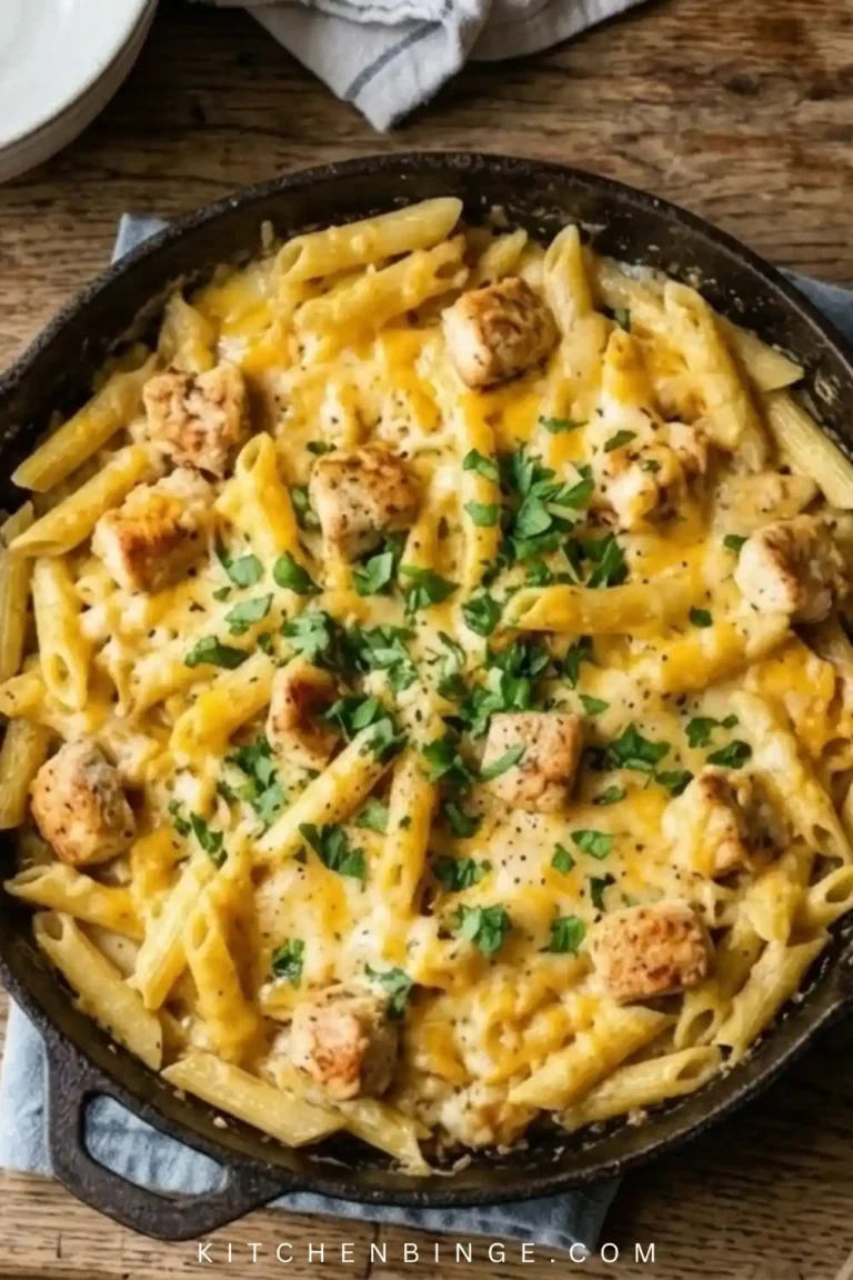 A top-down shot of a large skillet filled with creamy, cheesy penne pasta and golden chicken pieces, topped with melted cheddar and parsley.
