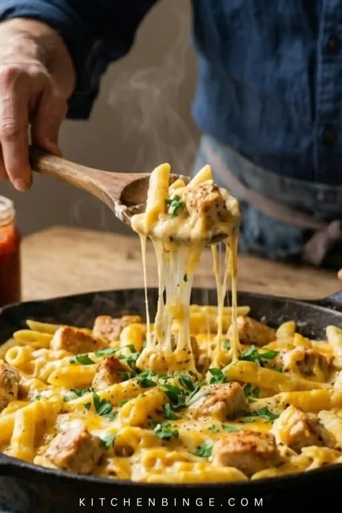 A top-down shot of a large skillet filled with creamy, cheesy penne pasta and golden chicken pieces, topped with melted cheddar and parsley.
