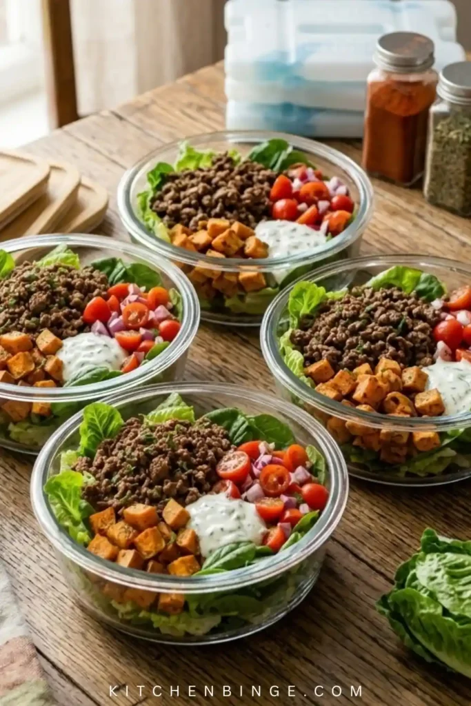 A beautiful, vibrant burger bowl in a ceramic dish featuring lean ground beef, sliced avocado, cherry tomatoes, red onions, and a drizzle of secret sauce over a bed of fresh greens.