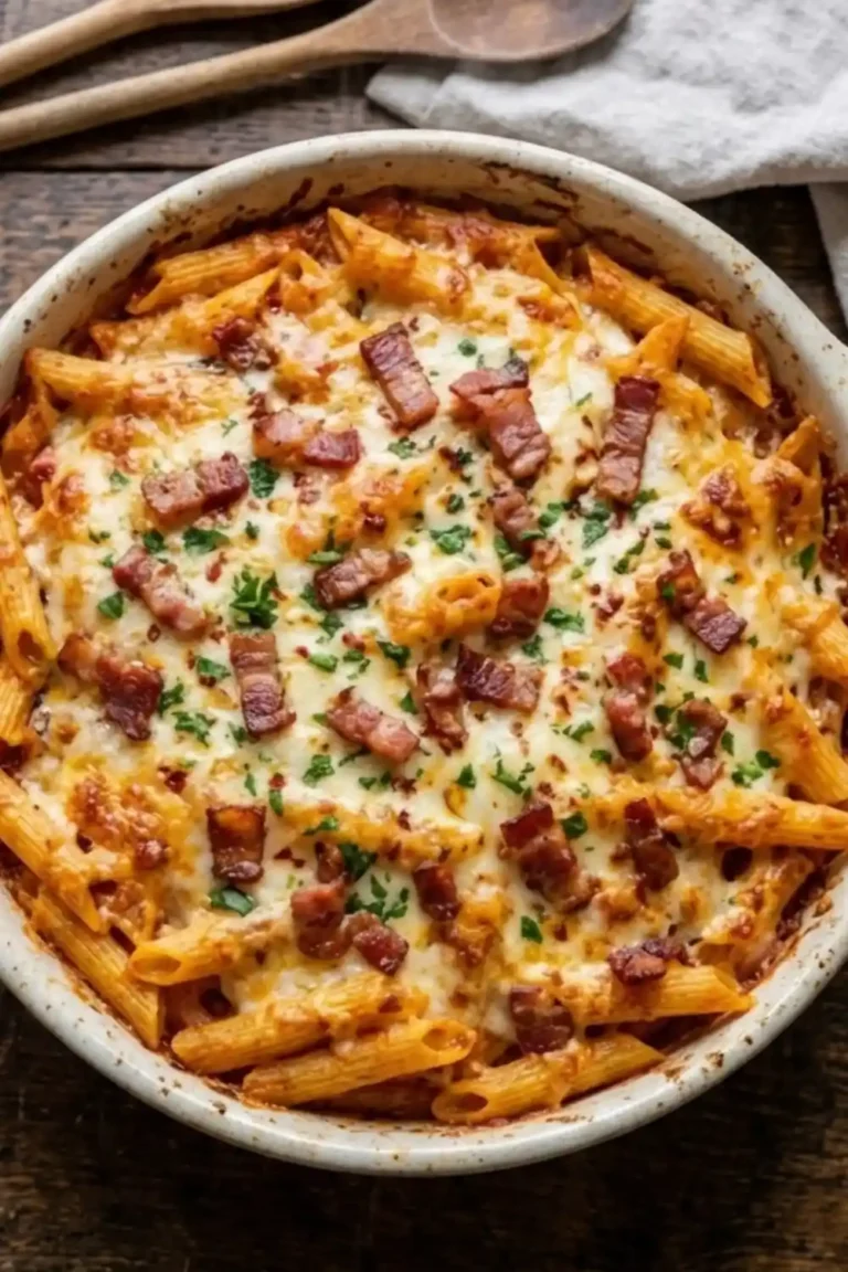 Classic Baked Penne Pasta with Ricotta and Crispy Bacon