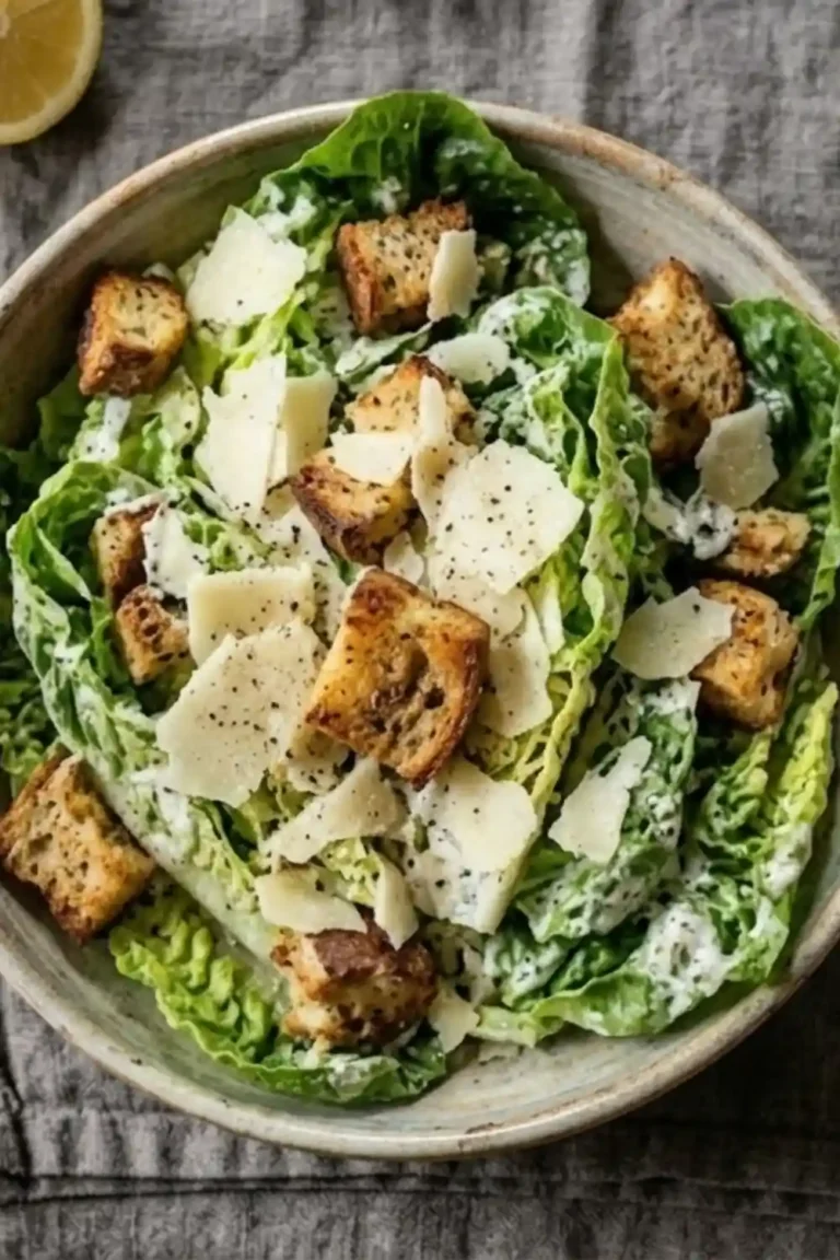A fresh bed of crisp romaine lettuce tossed in creamy dressing, topped with large golden croutons and roasted garlic cloves